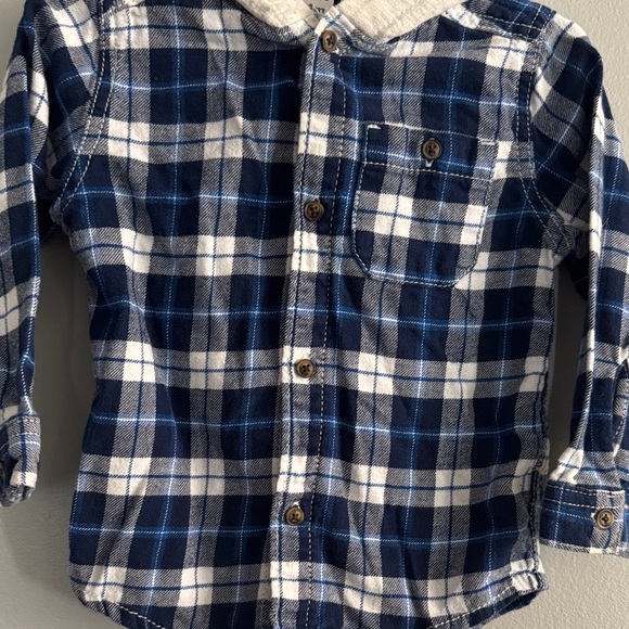 Carter's Navy and White Plaid Button Down Shirt with Hood - Picture 2 of 7